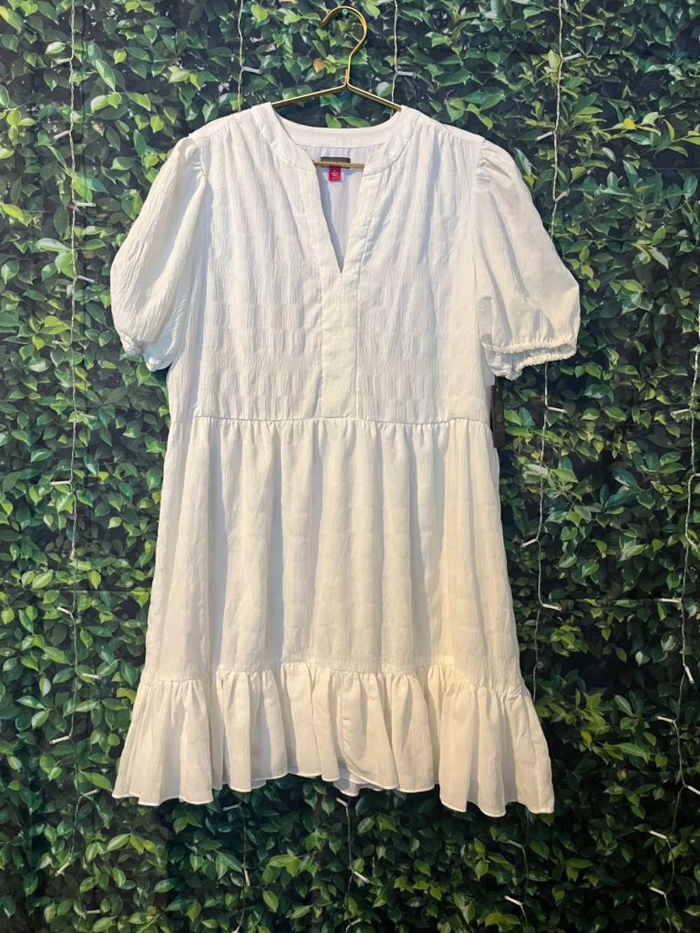 Vince Camuto White Puff Sleeve Ruffle Hem Dress